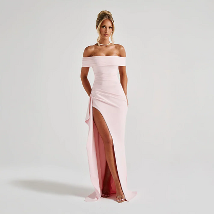 Daniela | večerní řasené maxi šaty off-shoulder s vysokým rozparkem