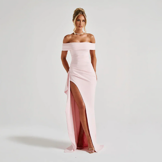 Daniela | večerní řasené maxi šaty off-shoulder s vysokým rozparkem
