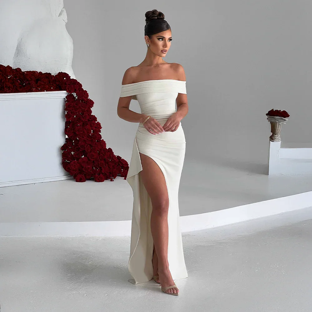 Daniela | večerní řasené maxi šaty off-shoulder s vysokým rozparkem