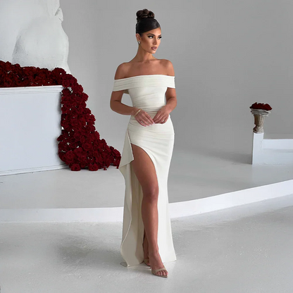 Daniela | večerní řasené maxi šaty off-shoulder s vysokým rozparkem