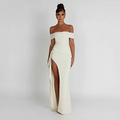 Daniela | večerní řasené maxi šaty off-shoulder s vysokým rozparkem