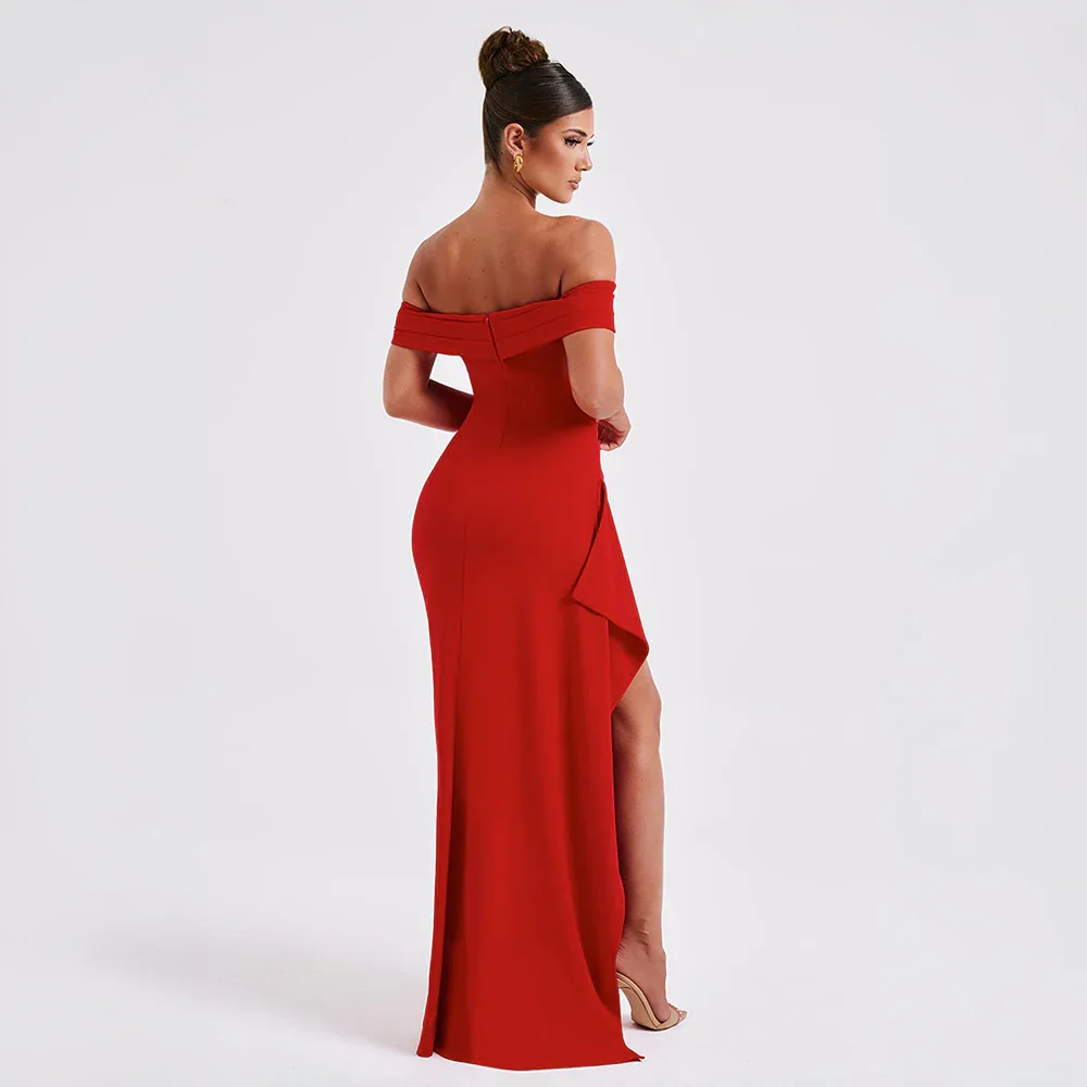 Daniela | večerní řasené maxi šaty off-shoulder s vysokým rozparkem