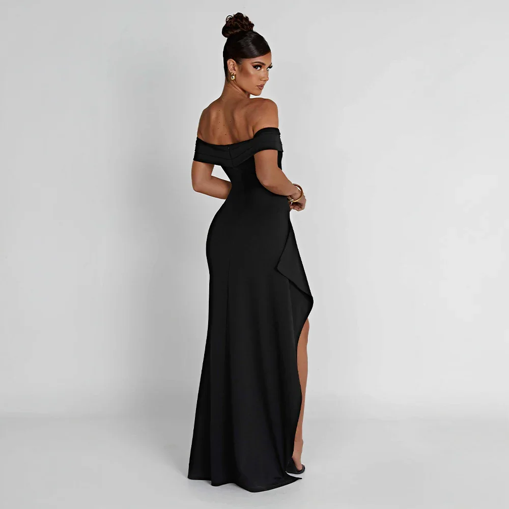 Daniela | večerní řasené maxi šaty off-shoulder s vysokým rozparkem