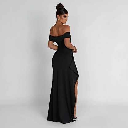 Daniela | večerní řasené maxi šaty off-shoulder s vysokým rozparkem