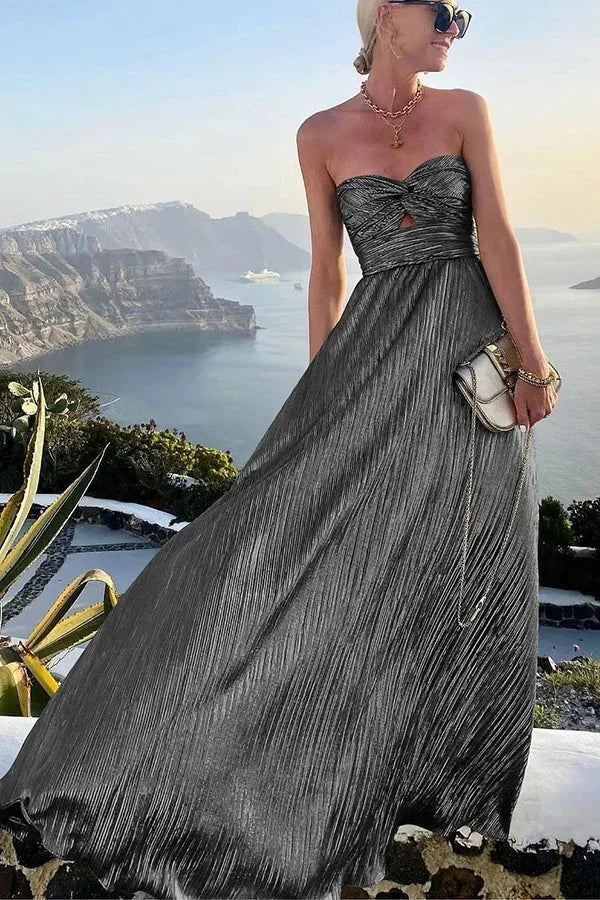 Theodora | Glamour třpytivé plisované večerní maxi šaty bez ramínek s twistem