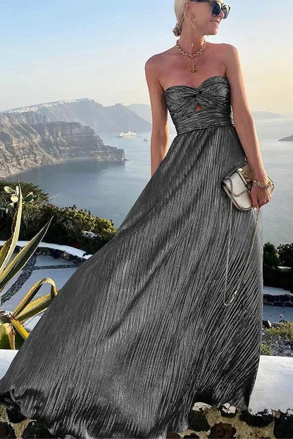 Theodora | Glamour třpytivé plisované večerní maxi šaty bez ramínek s twistem
