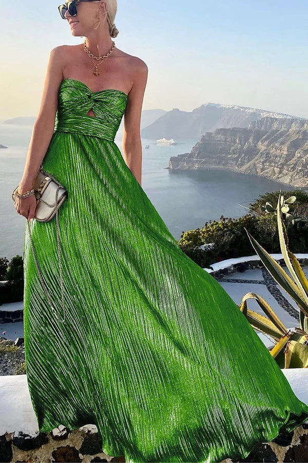 Theodora | Glamour třpytivé plisované večerní maxi šaty bez ramínek s twistem
