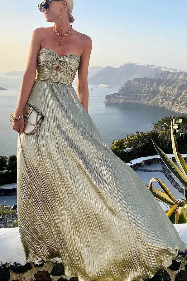 Theodora | Glamour třpytivé plisované večerní maxi šaty bez ramínek s twistem