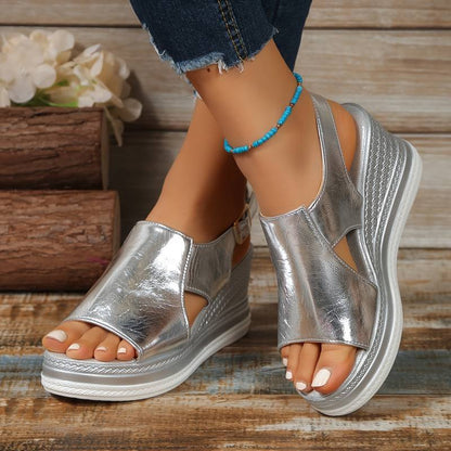 Momount dámské sandály na klínku – platforma, slingback, nastavitelné, otevřená špička